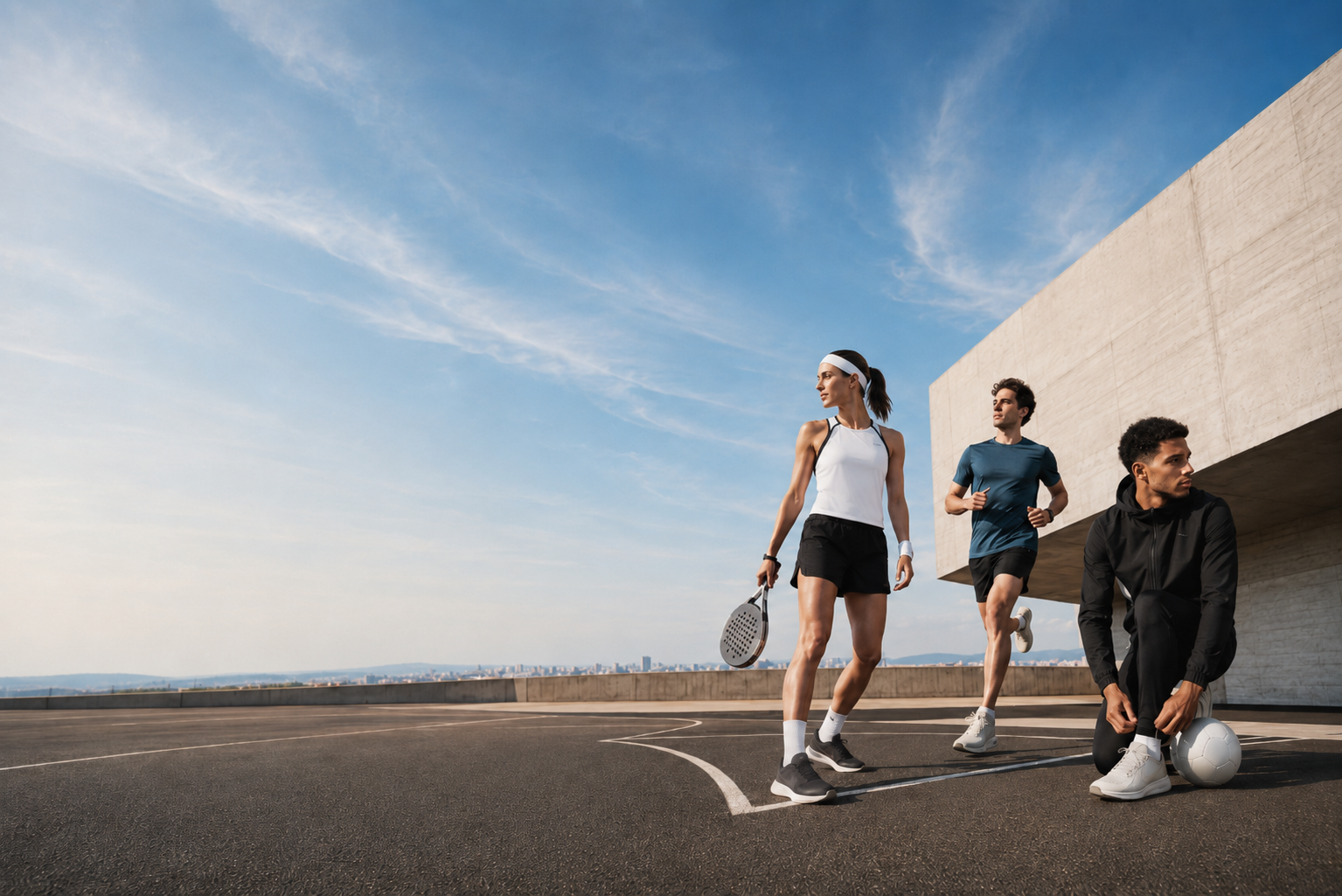 Dos hombres y una mujer equipados para practicar deporte